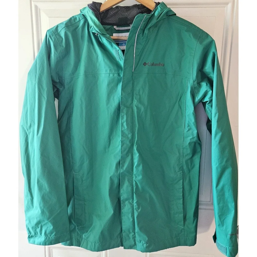 Columbia Youth Rain Jacket Green‎ Hooded Waterproof Coat Kids Large 14/16